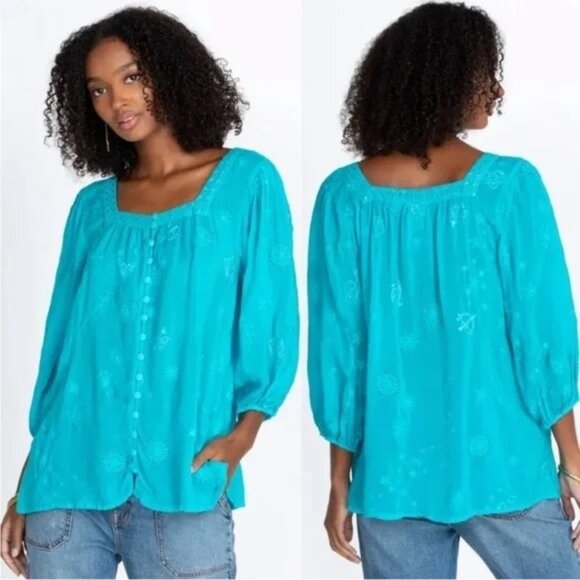 Johnny Was Size S Celestin Eris Blouse Embroidered Blue Relaxed Fit Boho NWT - Picture 3 of 7